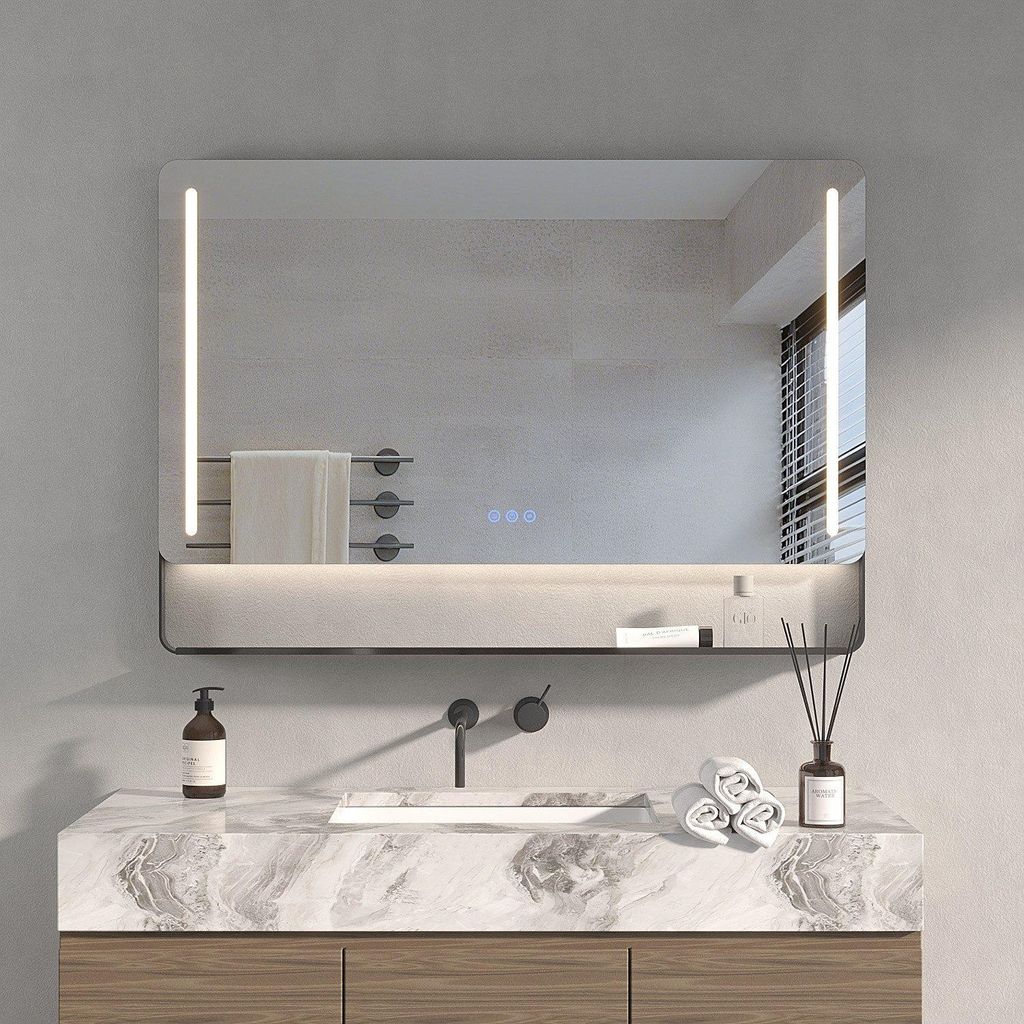 Badezimmerspiegel mit Ablage Badspiegel mit Beleuchtung 100 x 70 cm LED Spiegel Antibeschlag Dimmbar mit Touch Schalter