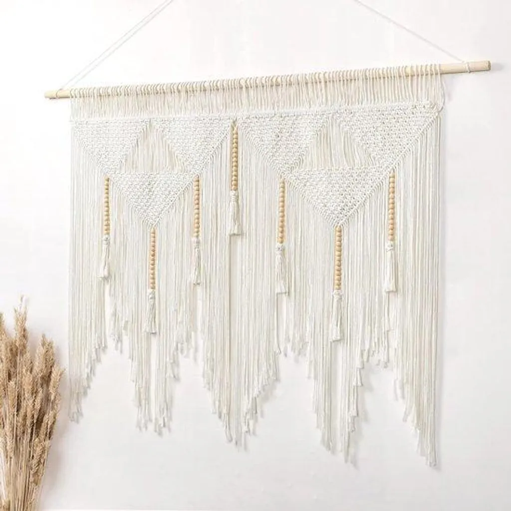 Rideau Macramé Artisanal 115 cm avec Perles en Bois - Déco Esthétique