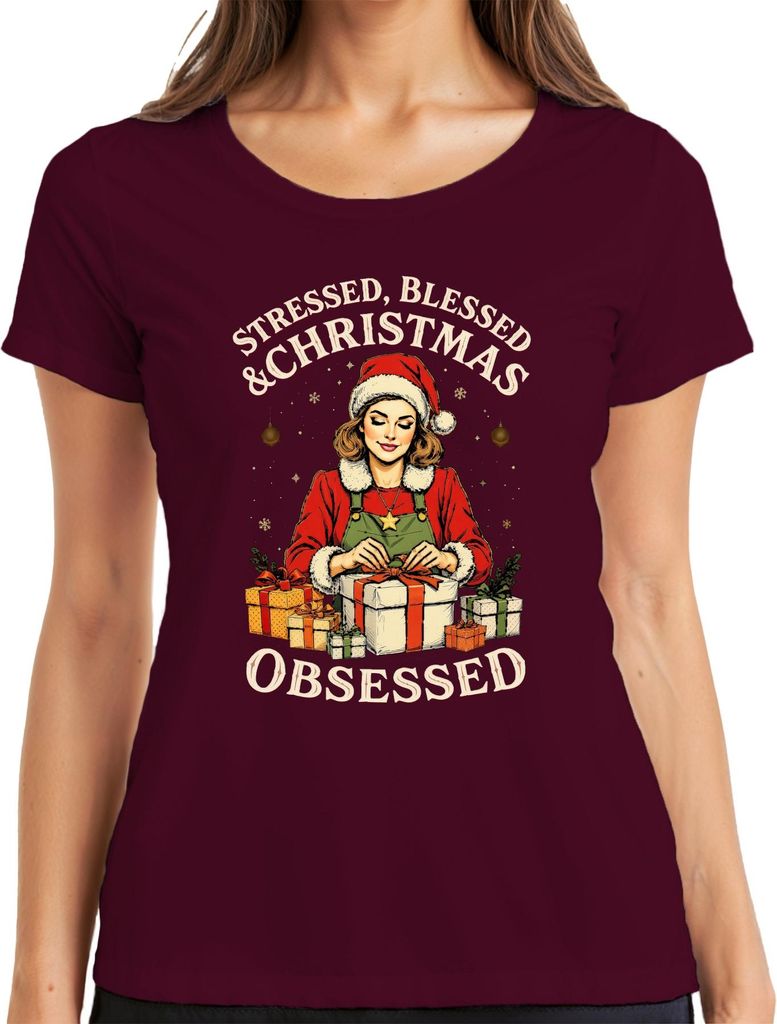 Stressed Blessed Christmas Obsessed Weihnachten Geschenk Vintage Damen T-Shirt, Burgundy, XXL