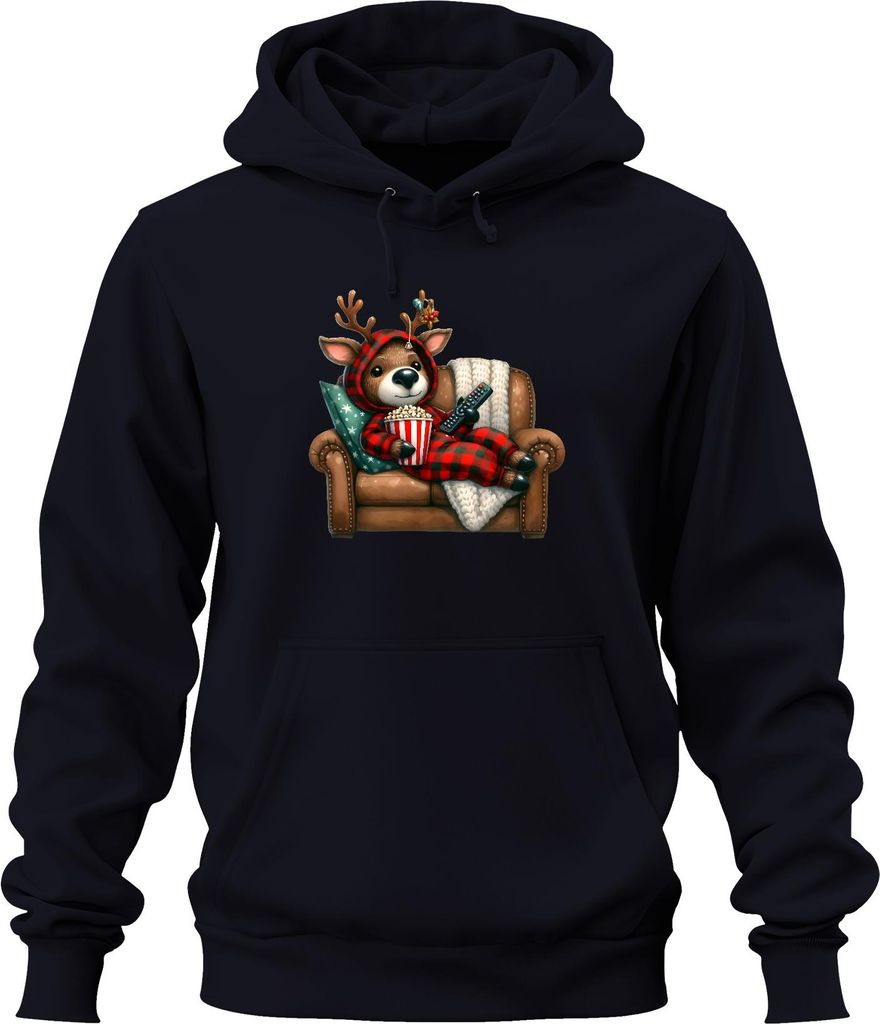 Weihnachtsrentier Kuschelig Popcorn Sofa Filmabend Geschenk Uni Hoodie Kapuzenpullover, Navy, S
