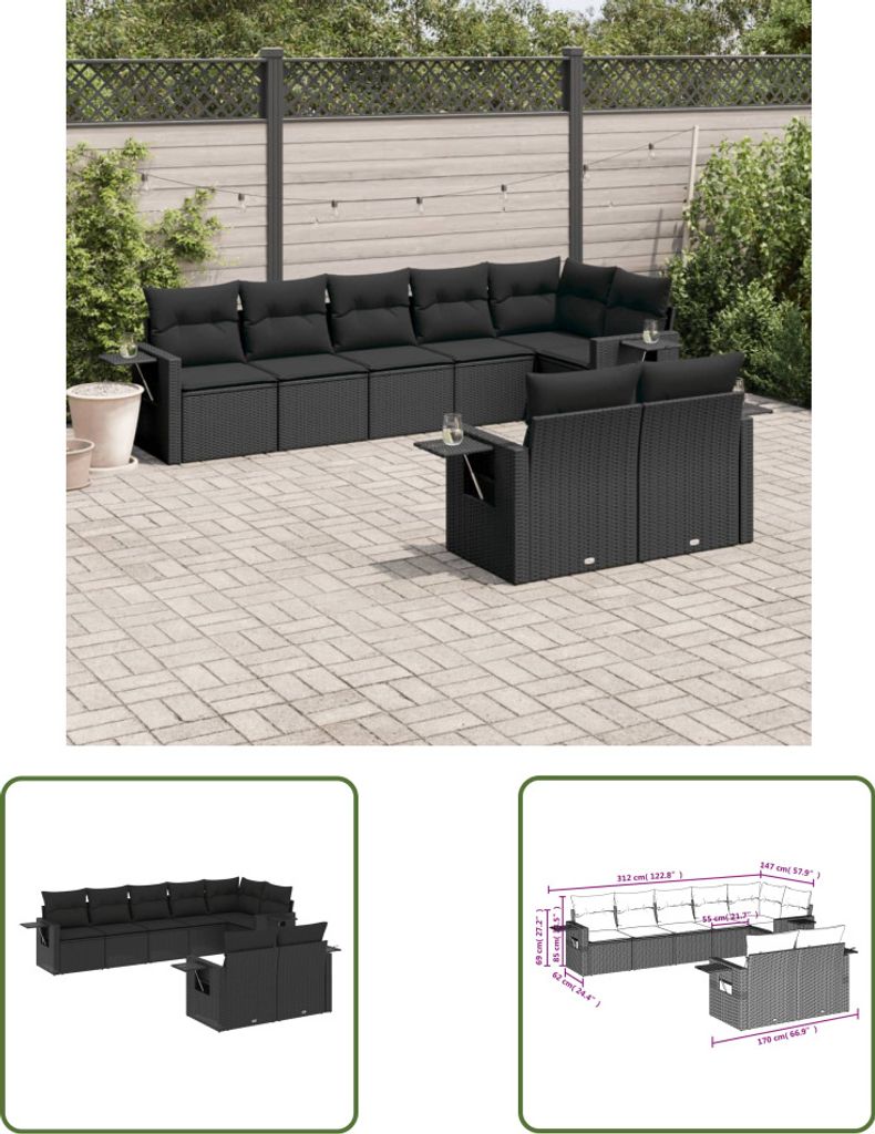 The Living Store 8-tlg. Garten-Sofagarnitur mit Kissen Schwarz Poly Rattan