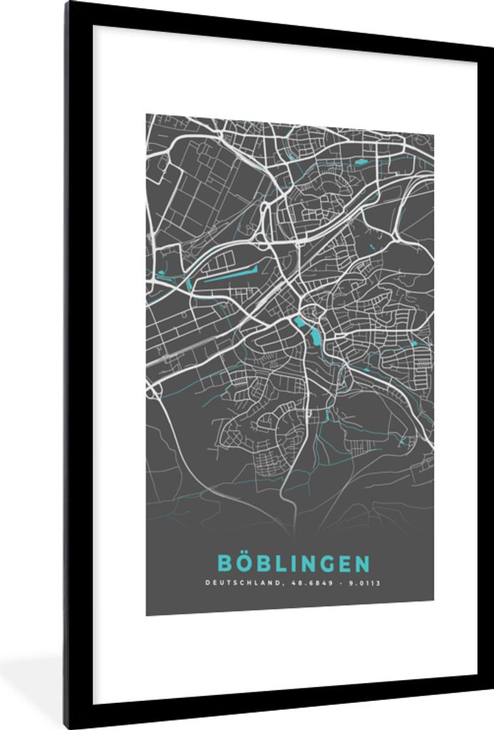 MuchoWow Gerahmtes Poster Stadtplan - Karte von Deutschland - Blau - Böblingen - Karte 60x90 cm - Poster mit Schwarzem Bilderrahmen Wandposter R...
