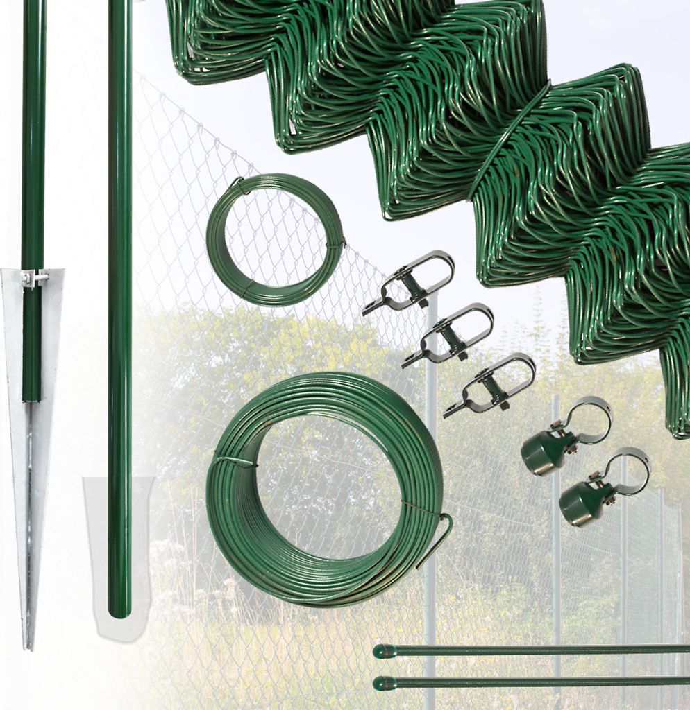 Komplettset Maschendrahtzaun Zaun Set Gartenzaun Zaunset Einbetonieren Grün 80 - 200 cm hoch 15 - 100 m V2Aox, Höhe:0.8 m, Länge:15 m, Befestigu...