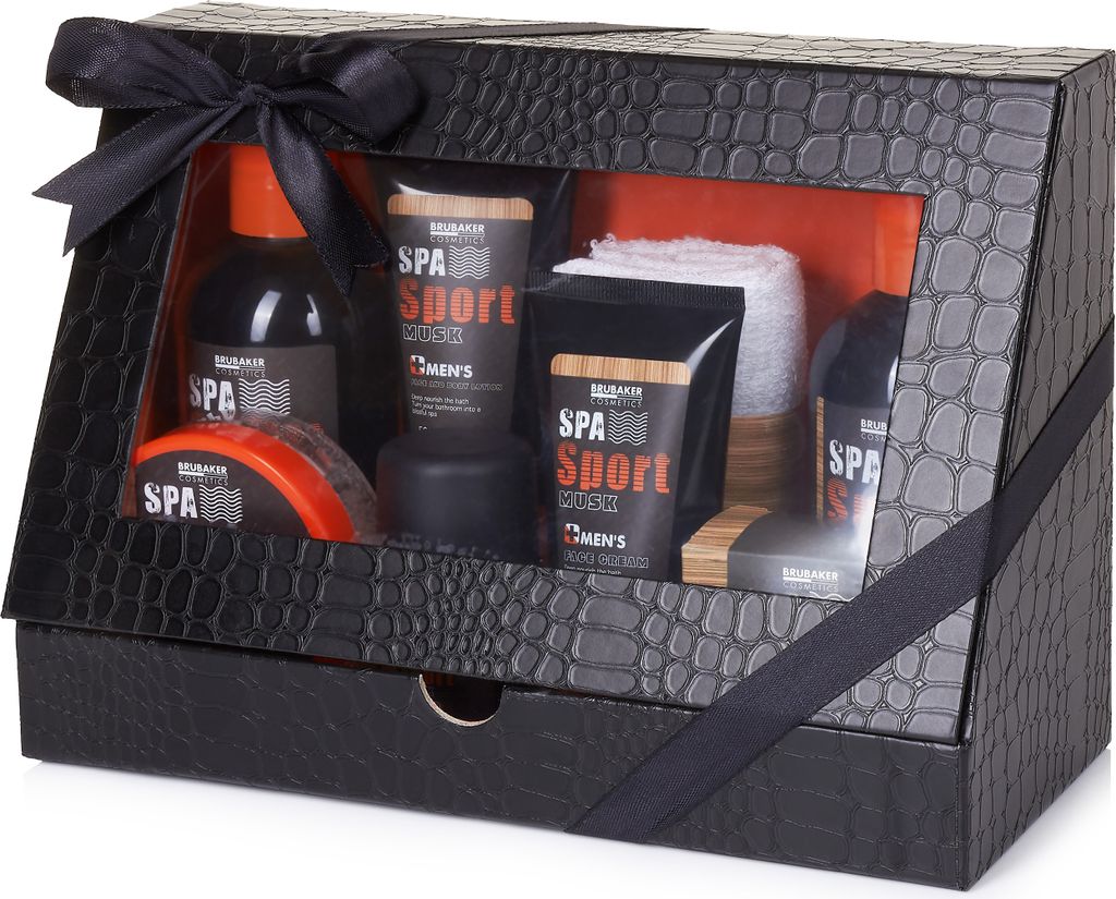BRUBAKER Cosmetics Spa Sport Musk 8 tlg. Pflegeset für Männer mit Duschgel, Shampoo, Deo, Gesichtscreme, Peeling, Body Lotion, Seife + Waschlappen