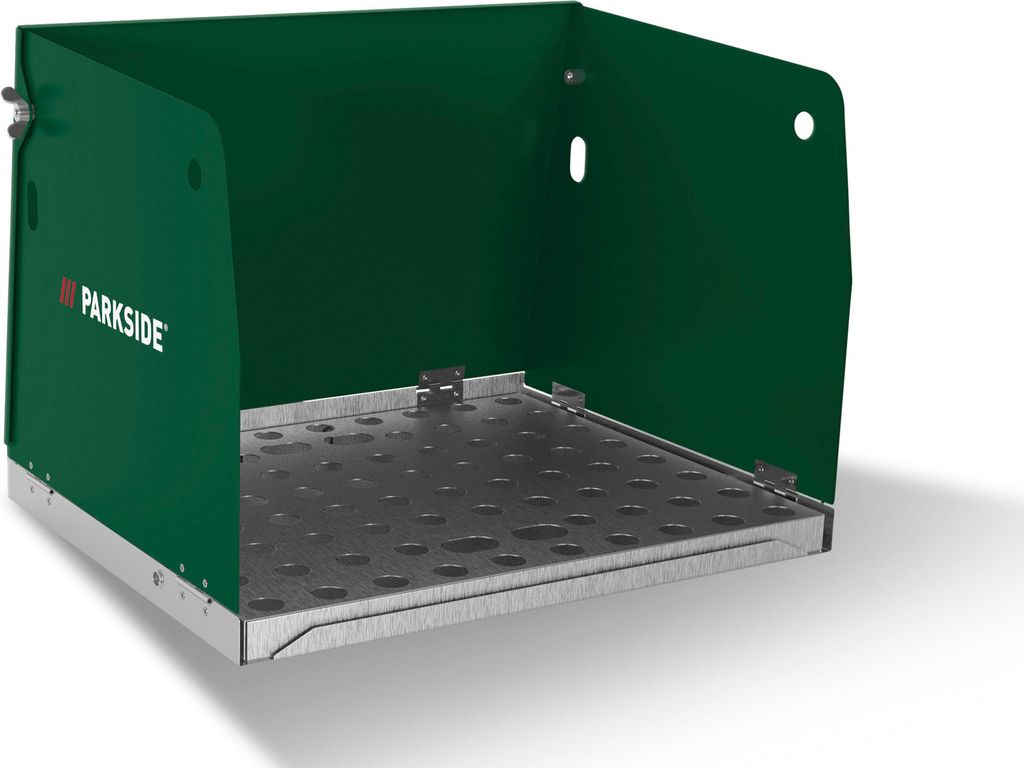 A product shot of a green welding booth with a metal floor.