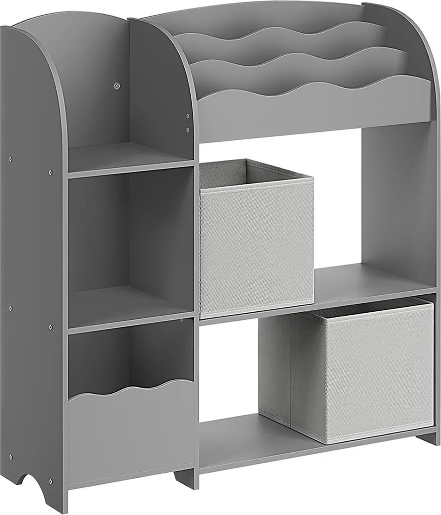 Bibliothèque enfant grise à 2 bacs amovibles, design compact et sécurisé