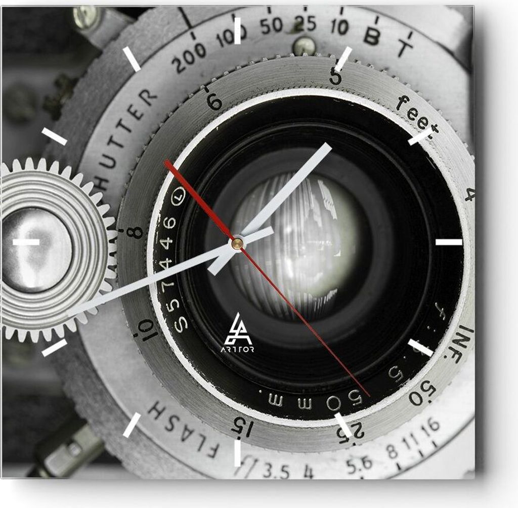 Wanduhr - Quadrat - Glasuhr - Objektiv Schwarzweiß Vintage Produktbild 