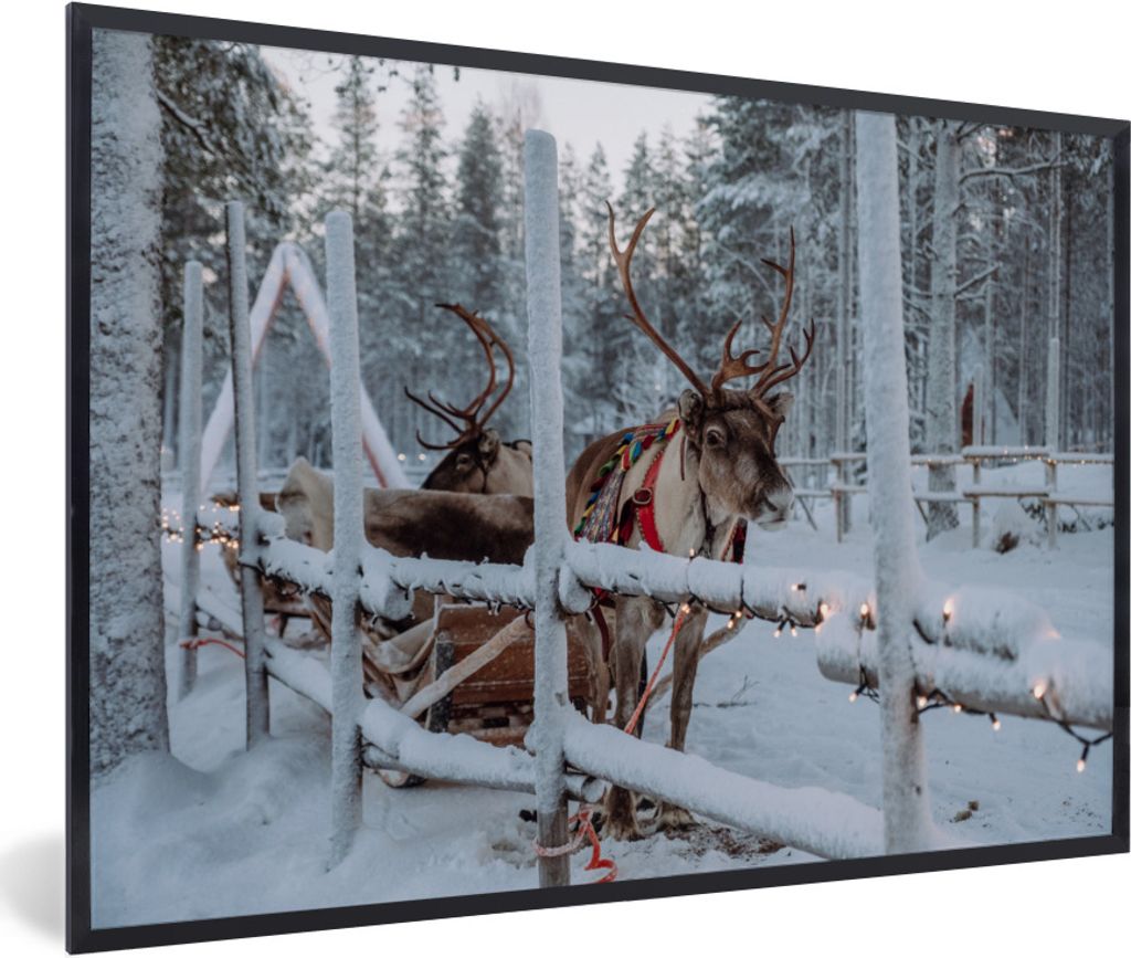 MuchoWow Gerahmtes Poster Ein Rentier im Weihnachtsmanndorf in Finnland 90x60 cm - Poster mit Schwarzem Bilderrahmen Wandposter Rahmen Foto Bilde...