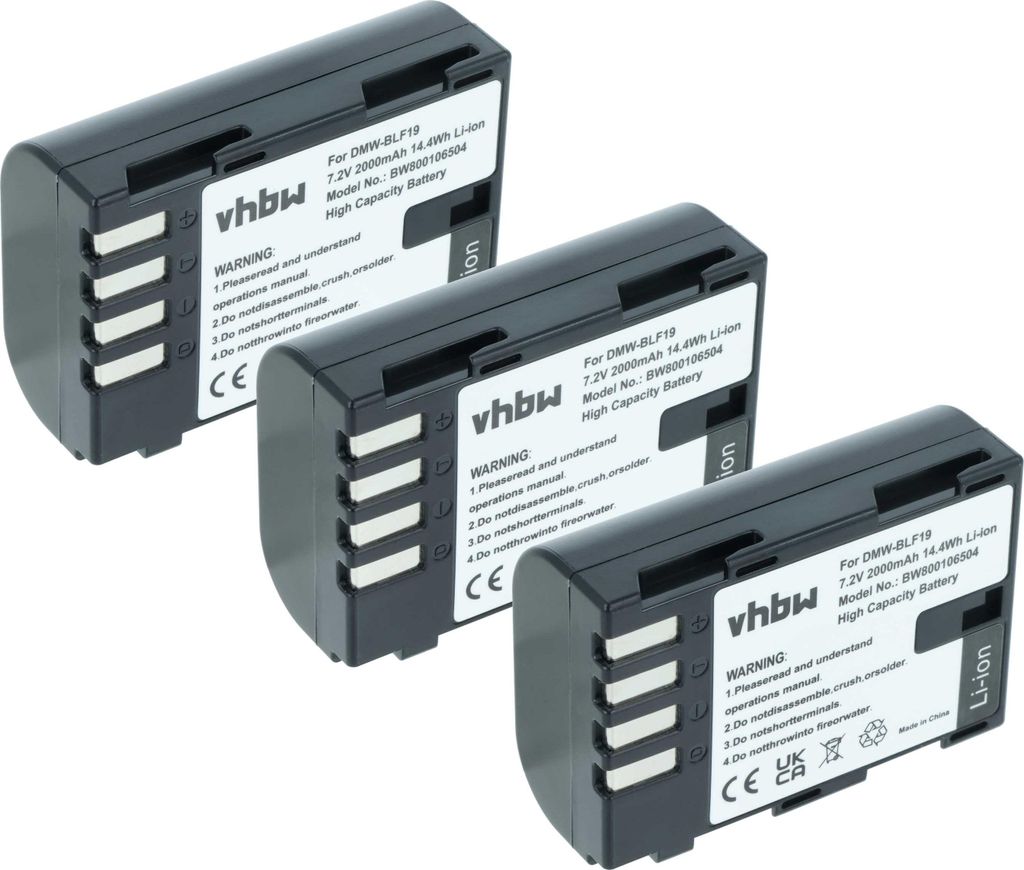 vhbw 3x Akku kompatibel mit Panasonic Lumix DMC-GH4R, DMC-GH3K BODY, DMC-GH3GK, DMC-GH3HGK, DMC-GH4, DMC-GH3H Kamera (2000 mAh, 7,2 V, Li-Ion)