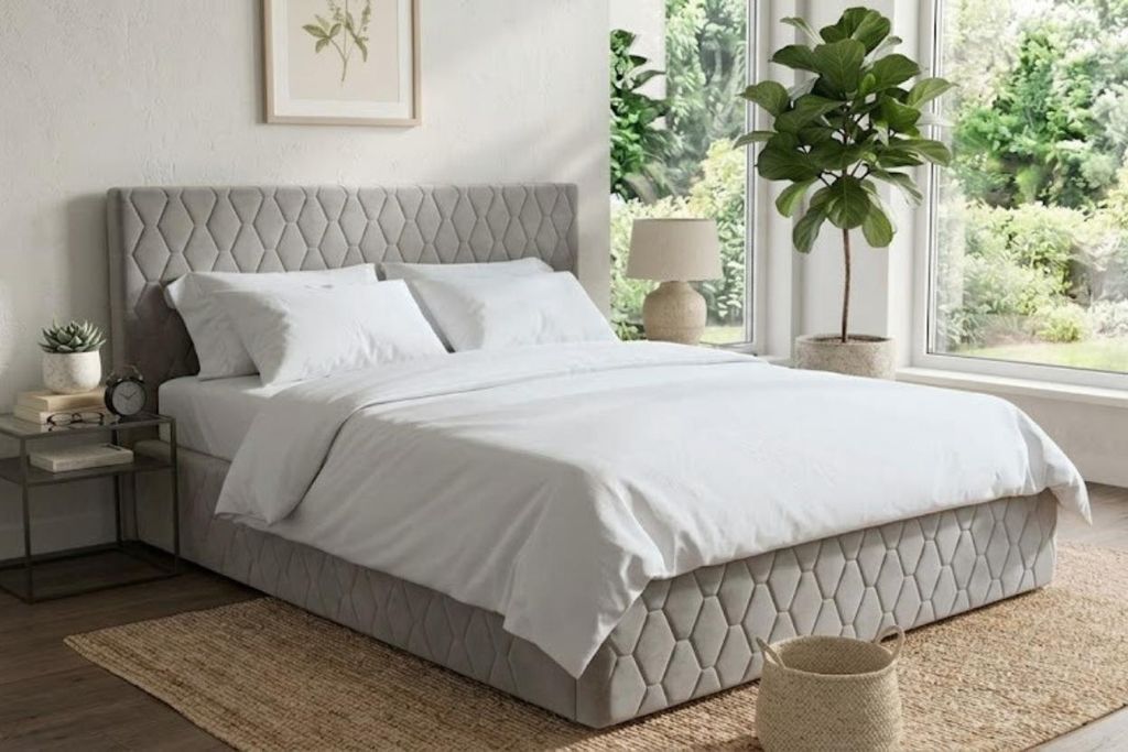 Komvortowy | Polsterbett 160x200 Cm | WABENMUSTER | Doppelbett Mit Metall-Lattenrost & Gasdruckfeder | GRAU | Bettkasten Ohne Bodenplatte | Staurau...
