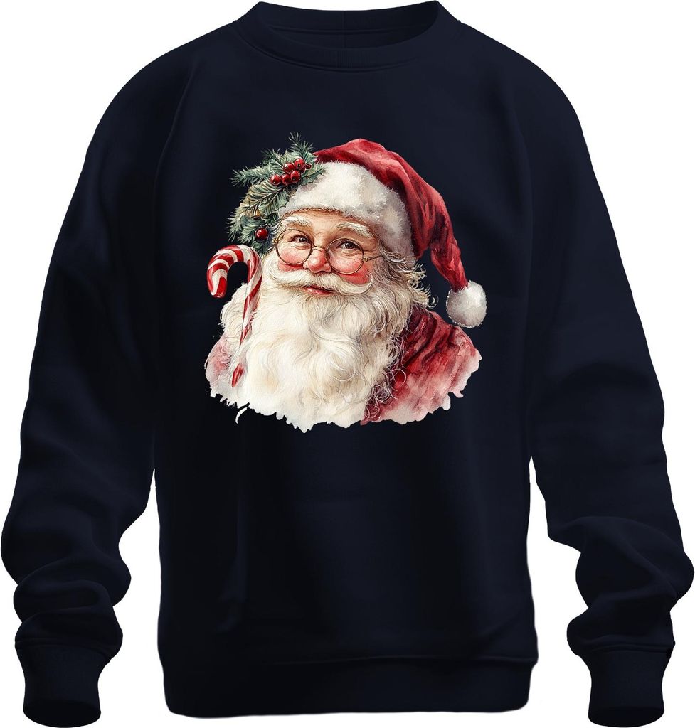 Weihnachtsmann Zuckerstange Bart Brille Aquarell Weihnachten Uni Sweatshirt Pullover, Navy, S