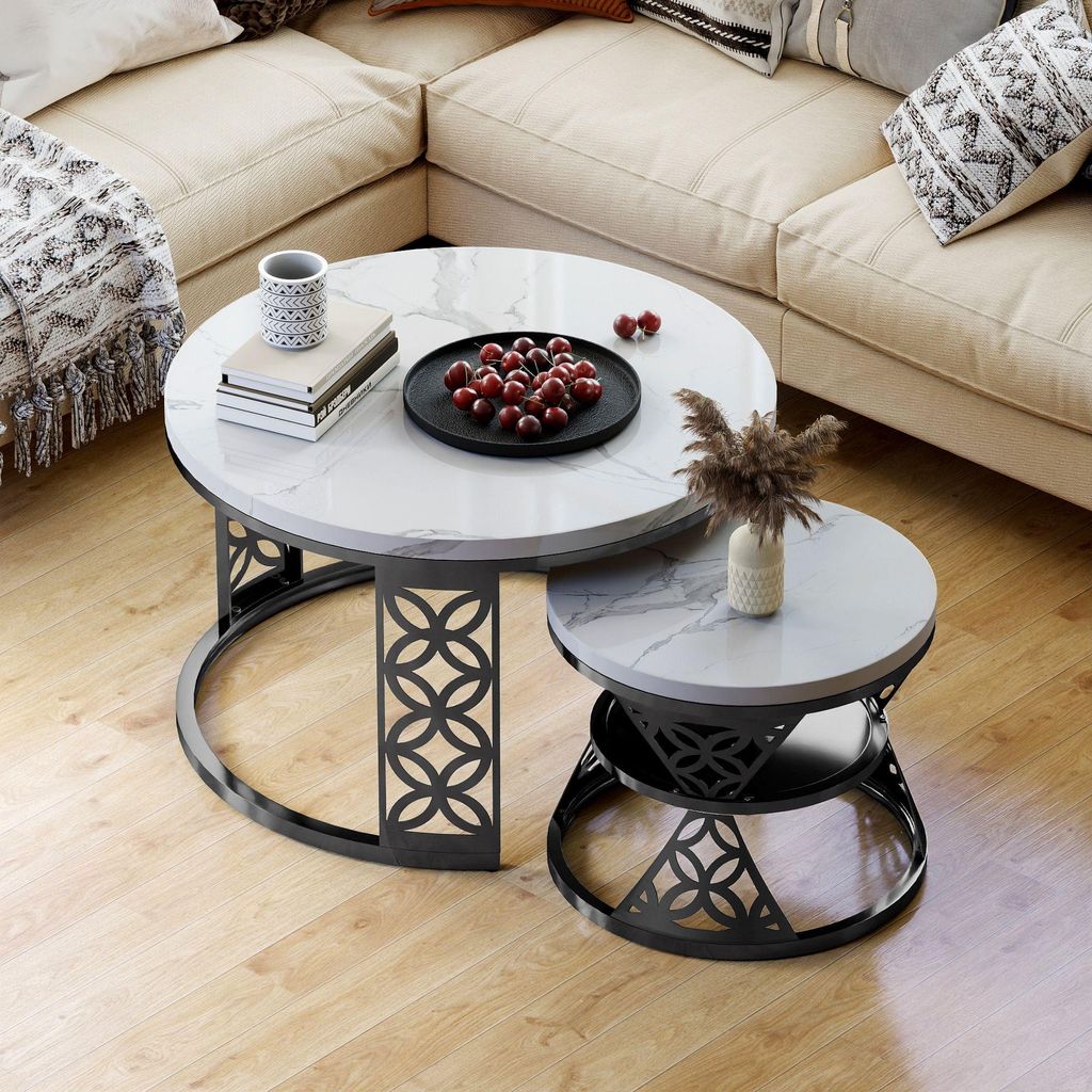 okwish Couchtisch-Set 2-teilig rund-weiß Marmor Optik – Produktbild 