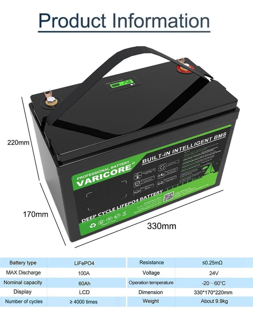 LiFePO4 Batterie 24V 60Ah - Lithium-Eisenphosphat Deep Cycle - LCD-Display - für Solar Wohnmobil Boot Golfcart - wiederaufladbar ohne Ladegerät -...