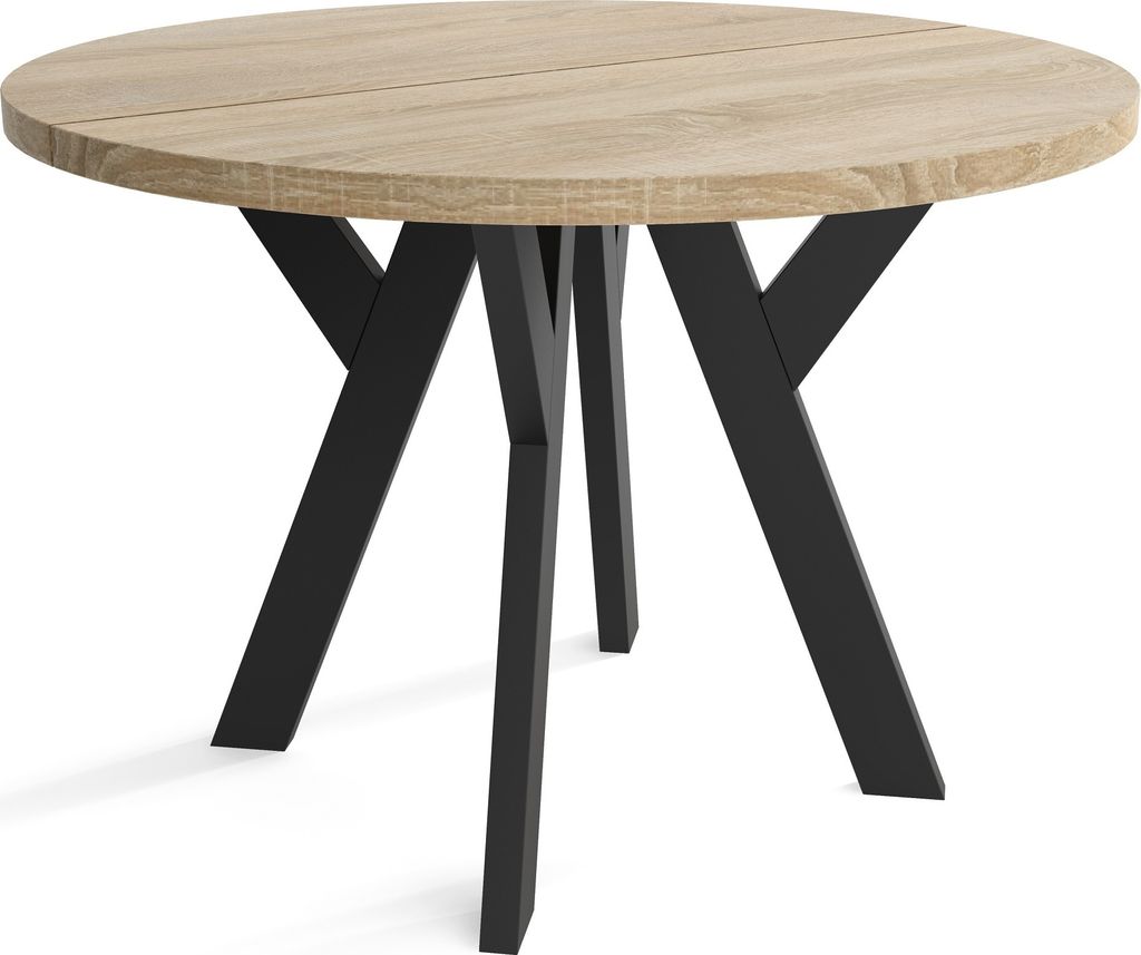 Runder Esszimmertisch LOFT, ausziehbarer Tisch Durchmesser: 100 cm bis 200 cm, Wohnzimmertisch Farbe: SONOMA, mit Holzbeinen in Farbe Schwarz