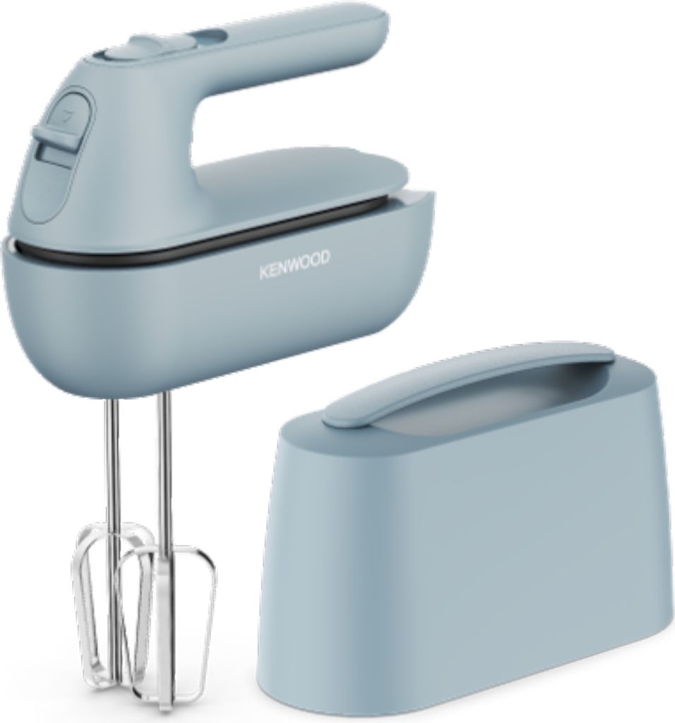 A blue Kenwood hand mixer and its storage base are shown against a white background.