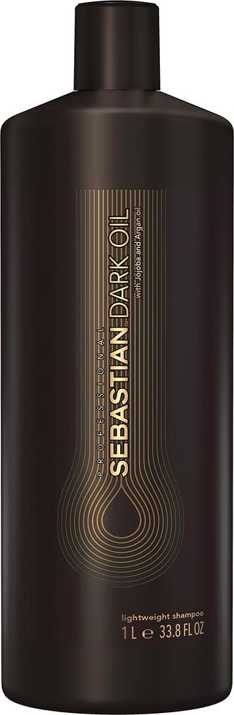A dark brown bottle of Sebastian Dark Oil Shampoo.