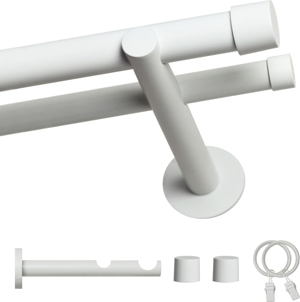 A product shot of a double curtain rod set with accessories.