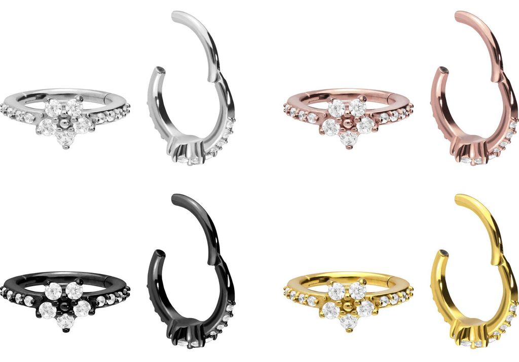 Ohrpiercing, Nasenpiercing, Septum Piercing Chirurgenstahl Segmentring Clicker EINGEFASSTE KRISTALLE + KRISTALLBLUME Schwarz Innendurchmesser: 12 mm