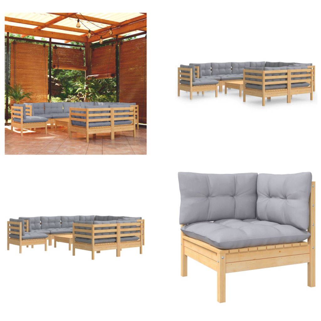 vidaXL 10 tlg. Garten Lounge Set mit Grauen Kissen Kiefer Massivholz - Garten-Lounge-Set - Garten-Lounge-Sets - Gartenmöbel-Set - Gartenmöbel-Sets