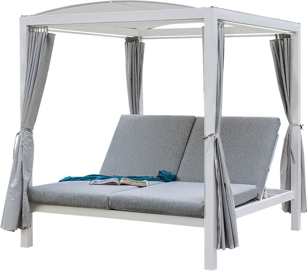 A white outdoor daybed with gray cushions and curtains.