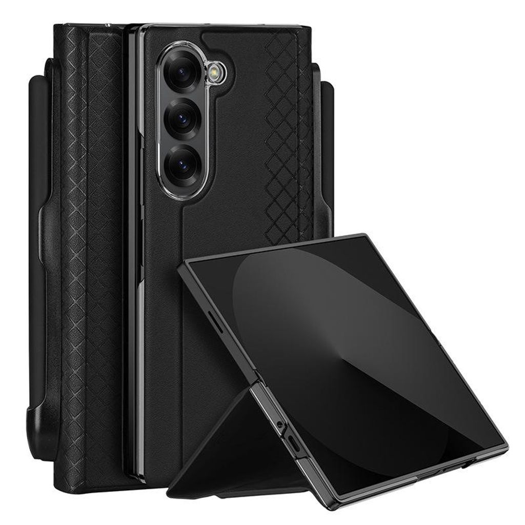 Handyhülle für Samsung Z Fold7, Lederoptik, kabelloses Laden, Kartenfach, Halterung, mit Stifthalter und Stift, Schwarz