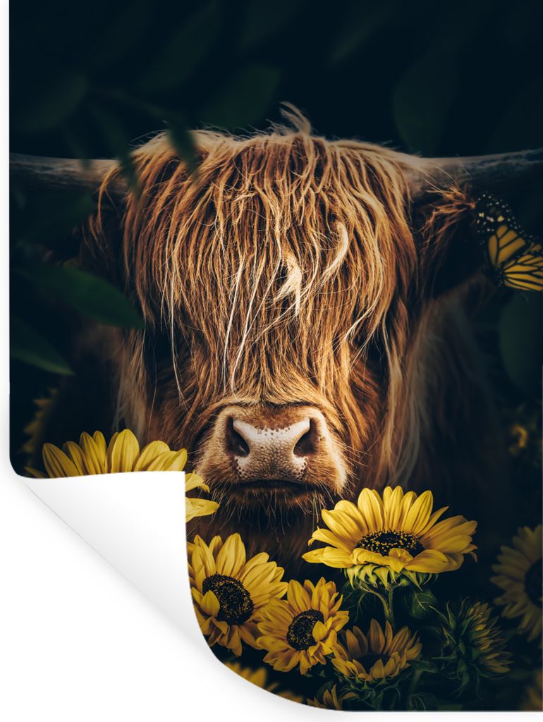 MuchoWow Wandtattoo Wandsticker Wandaufkleber Schottische Highlander - Blumen - Kuh - Botanisch - Tiere 60x80 cm Selbstklebend und Repositionierb...