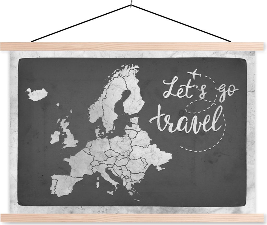 MuchoWow Textilposter Vintage Eurocard mit dem Text "Let's go travel" - schwarz und weiß 60x40 cm mit holzfarbenen Rahmen - Bilder