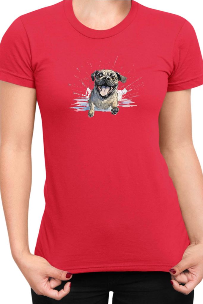 Damen T-Shirt Funny Dogs Breeds Pug Dog Breed 010, Lady 2XL / Rot