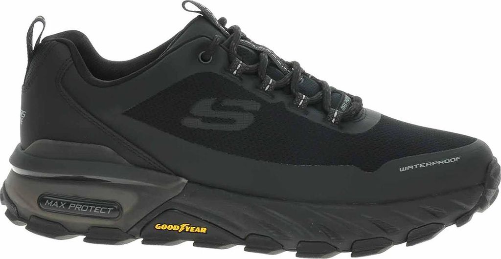 A black Skechers sneaker is shown from the side against a white background.