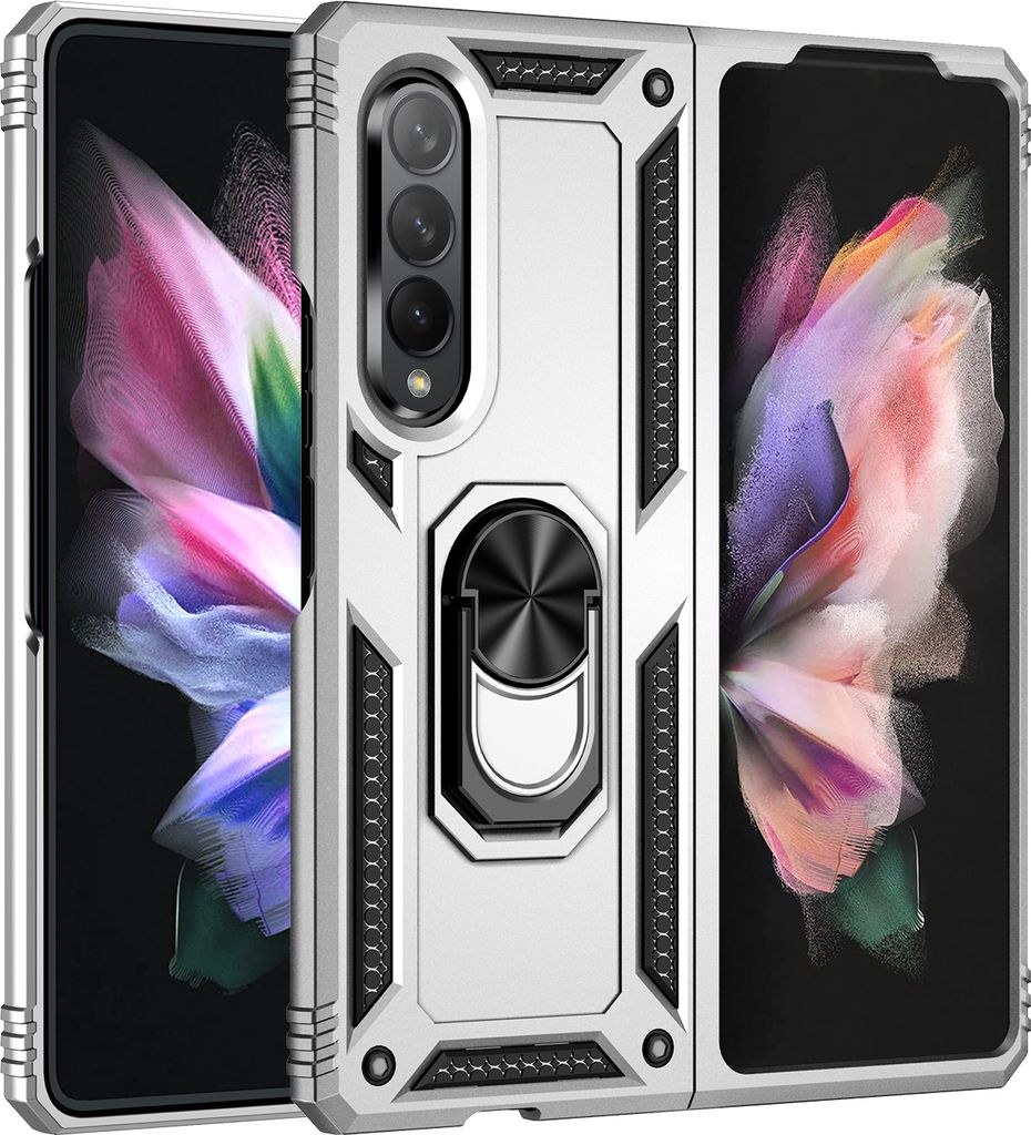 Samsung Galaxy Z Fold3 2021 Hülle, Dual Layer Militäre Fallschutz Schutzhülle mit Ringhalterung Ständer für Samsung Galaxy Z Fold 3 5G Silber