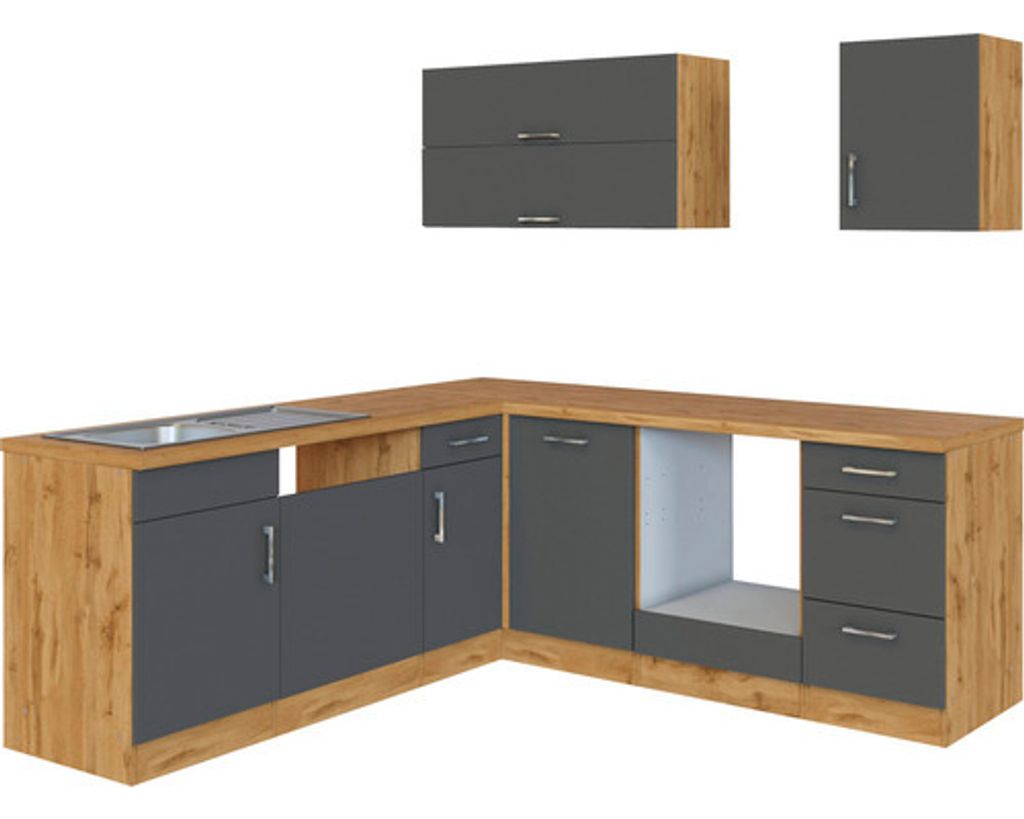 A modular kitchen unit with dark gray cabinets and a wood-grain countertop and frame, shown against a white background.
