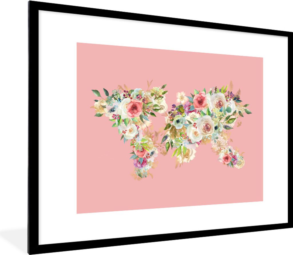 MuchoWow Gerahmtes Poster Weltkarte - Rosen - Rosa 80x60 cm - Poster mit Schwarzem Bilderrahmen Wandposter Rahmen Foto Bilder - Schlafzimmer-Deko...