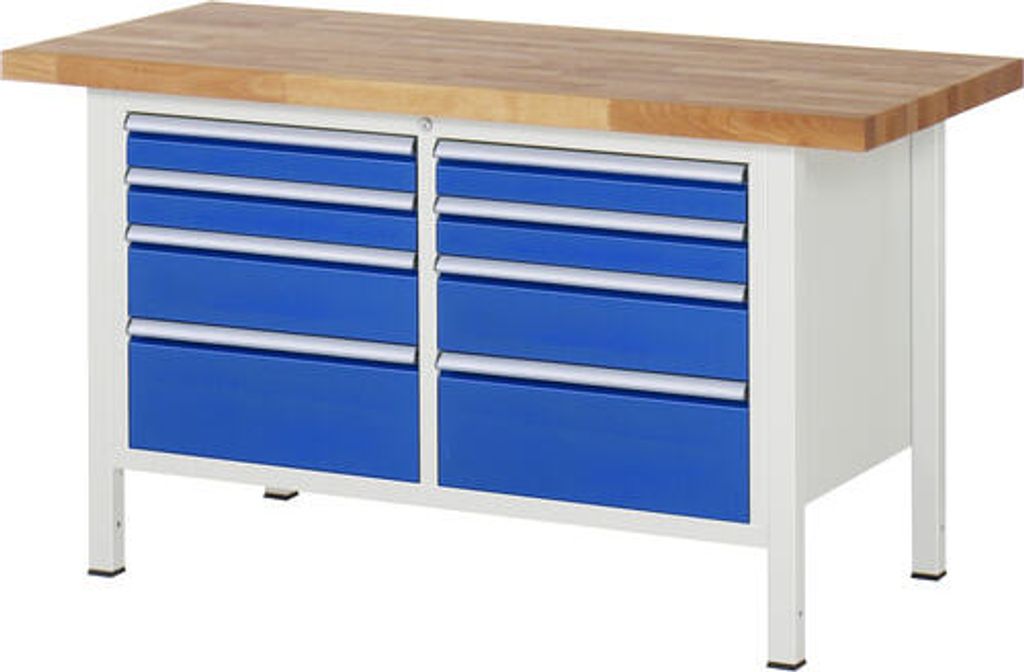 Werkbank mit 8 Schubladen - Vollauszug - 90:4 / 150:2 / 210:2 - 840 x 1.500 x 700 mm (HxBxT) - Traglast 1.250 kg - Buche
