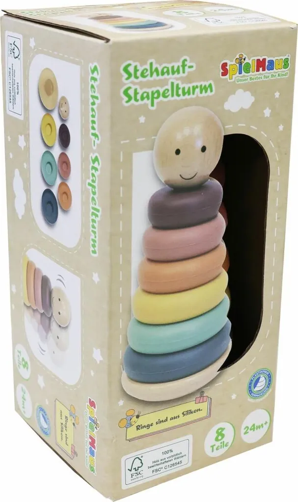 Tour d'empilement SpielMaus en bois et silicone - Set de 8 pièces 12345