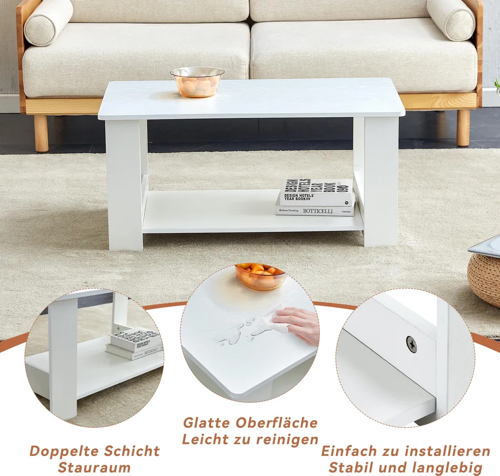 Table basse blanche anti-encombrement avec plateau décor bois