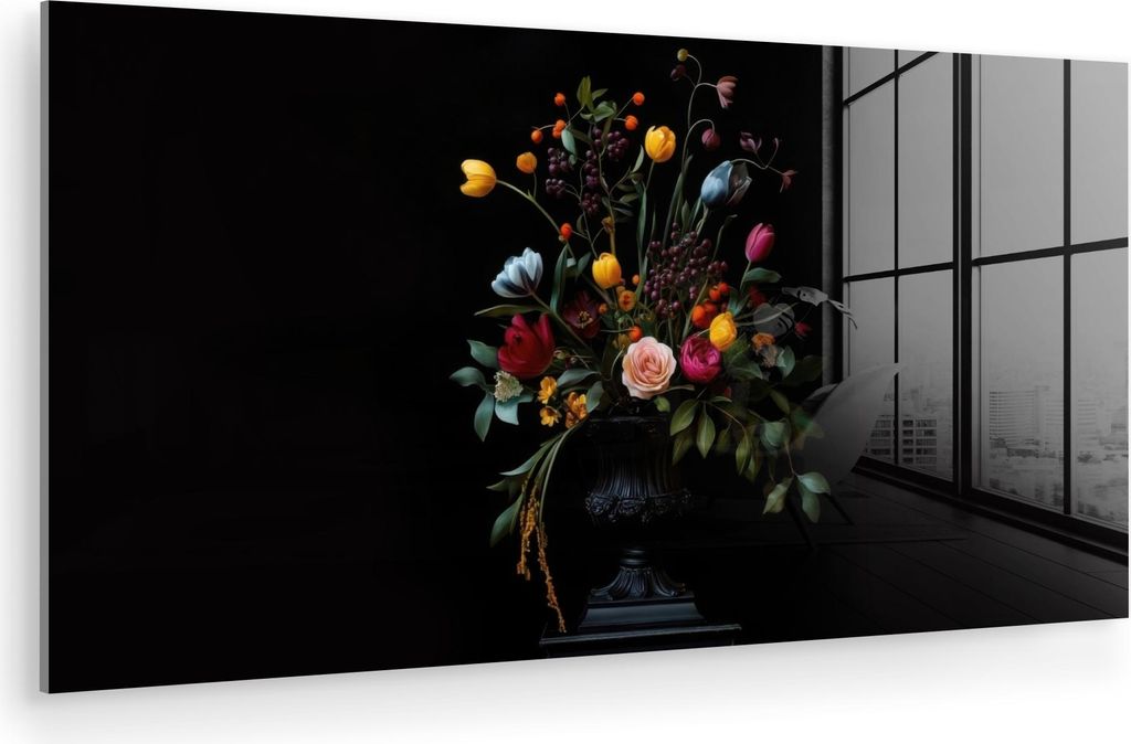 MuchoWow Glasbilder - Bilder auf Wandbild - Foto auf Glas Klassisch - Vase - Blumenstrauß - Blumen 120x60 cm Wanddekoration aus Glas - Acrylglasbi...
