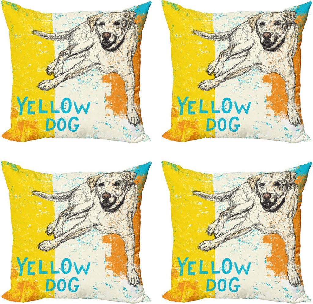 ABAKUHAUS Gelb Kissenbezug Set (4 Stück), Grunge Skizze Hund Kunst, Moderner Doppelseitiger Digitaldruck, 60 cm x 60 cm, Gelb Beige Blau