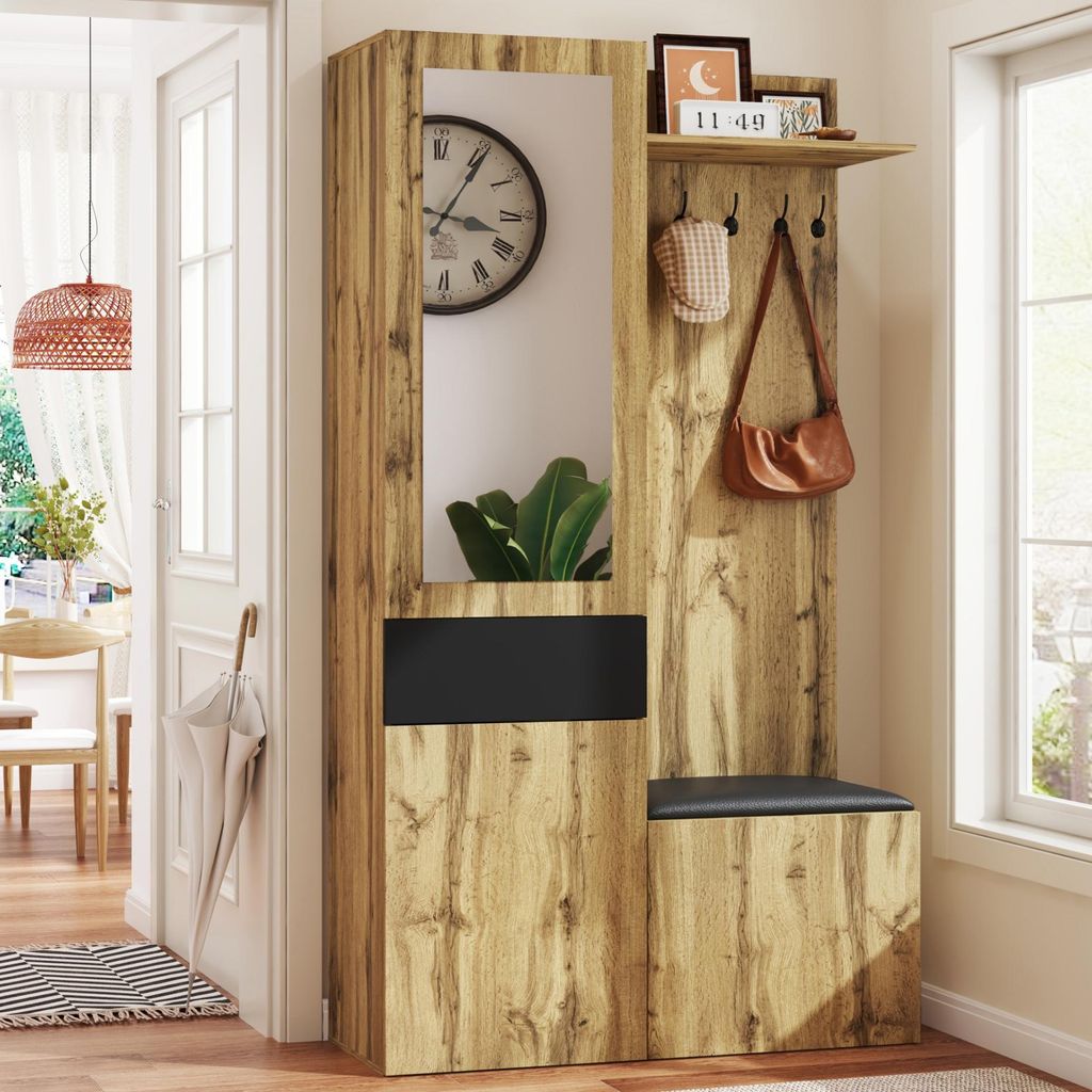 STILVORA Garderobenset mit 5 Garderobenhaken,Spiegel,Schuhschrank,Einbauschrank mit oberen Regalen,Garderoben mit Schubladen,oberen Ablagefächern&...