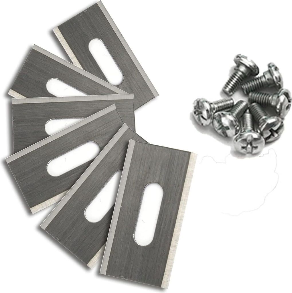 A pile of mower blades and a small group of screws on a white background.