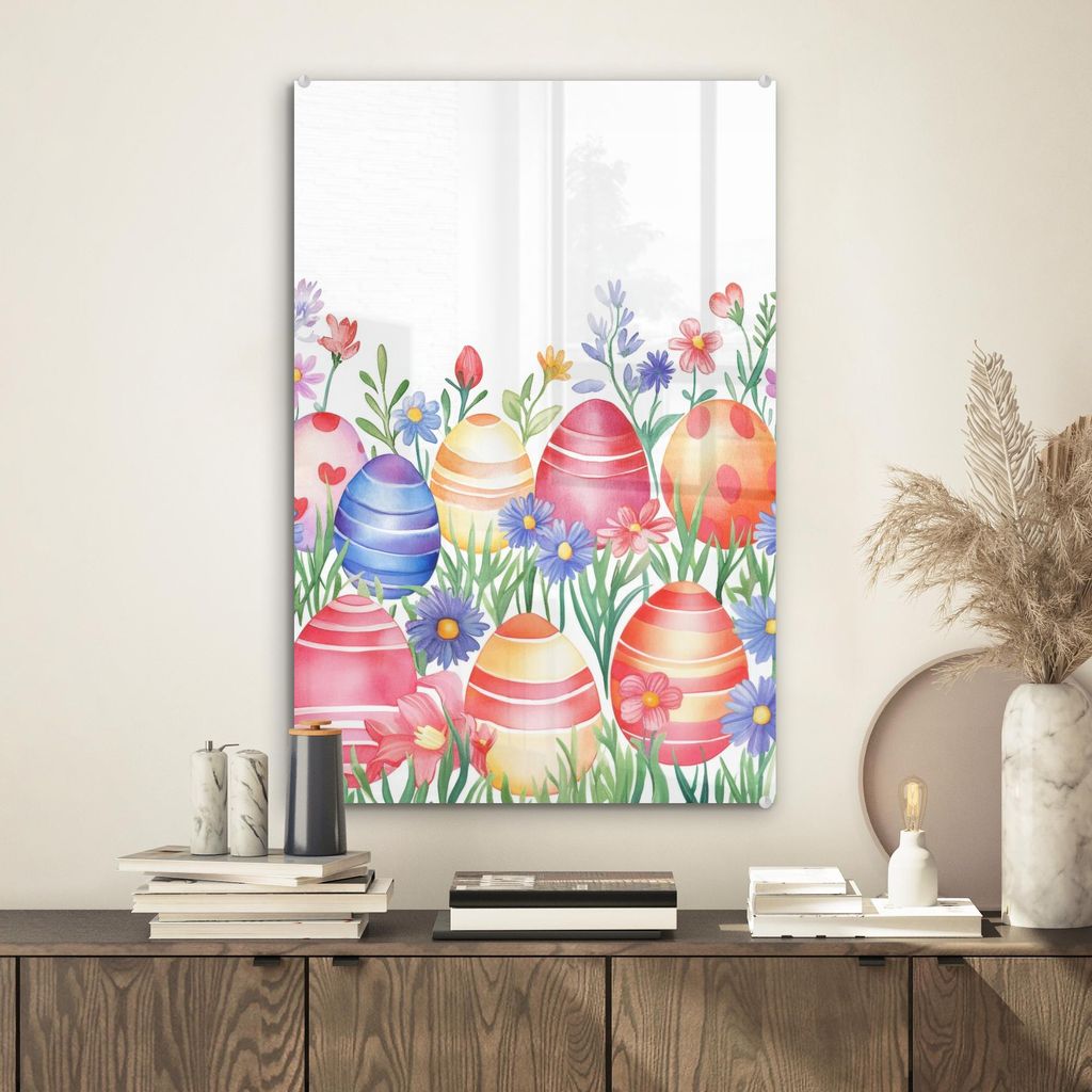 MuchoWow Glasbilder - Bilder auf Wandbild - Foto auf Glas Blumengarten - Bunt - Eier 40x60 cm Wanddekoration aus Glas - Acrylglasbild - Acrylbilder...