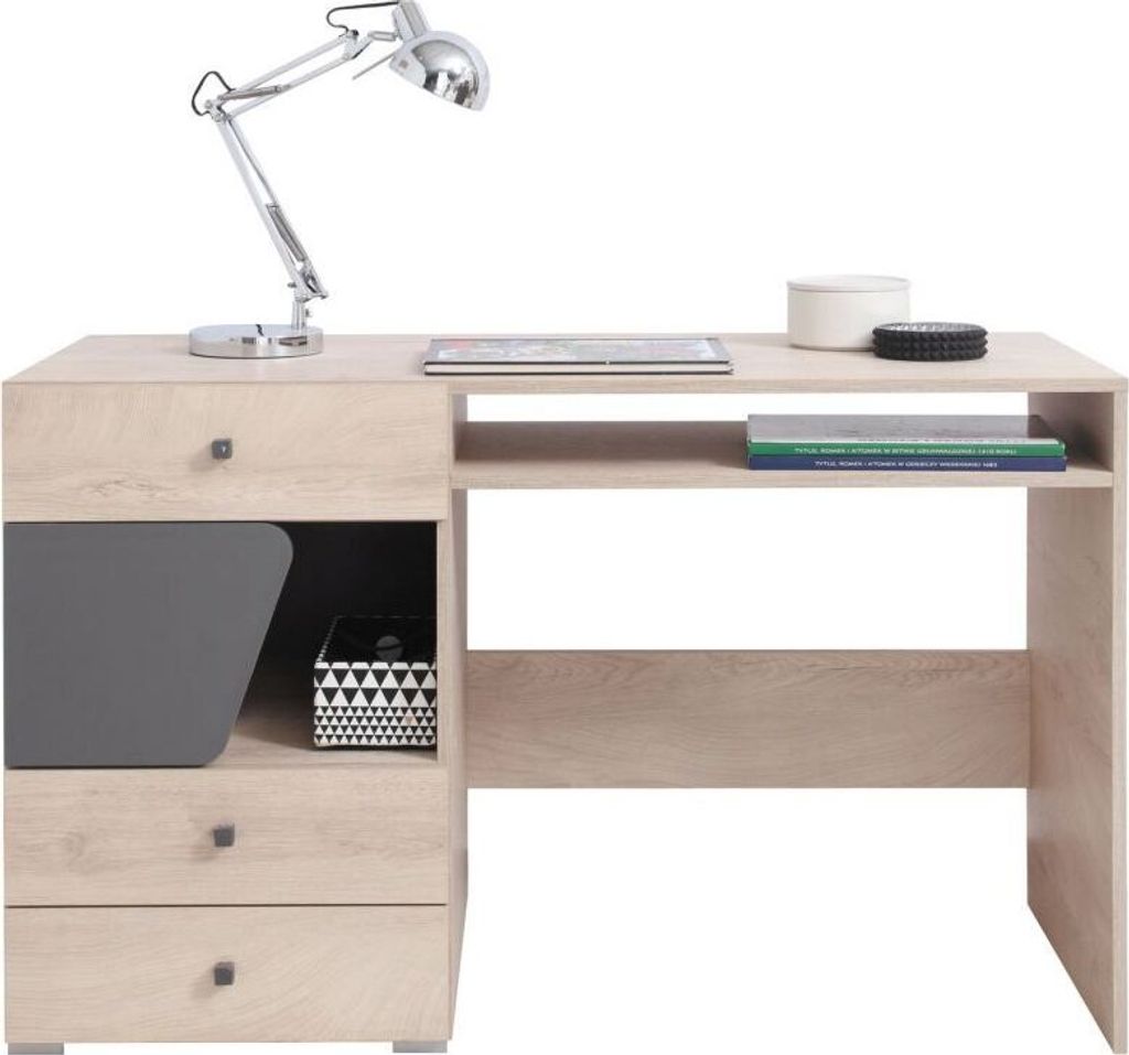Jugendzimmer - Schreibtisch Chiny 09, Farbe: Eiche / Grau - Abmessungen: 76 x 125 x 55 cm (H x B x T)