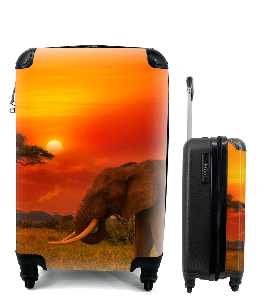 MuchoWow Koffer Handgepäck Trolley Rollkoffer Kleine Reisekoffer mit 4 Rollen - Elefant - Sonnenuntergang - Orange - Savanne - Tiere - Cabin Siz...
