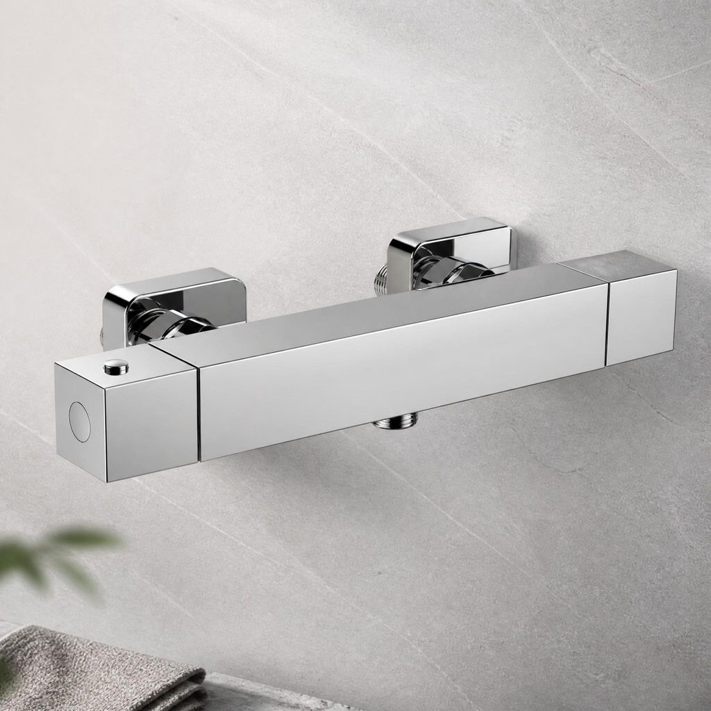Auralum Duscharmatur Thermostat, eckige Mischbatterie Dusche Chrom, Aufputz Duschthermostat mit 38 °C Sicherheitssperre fürs Bad