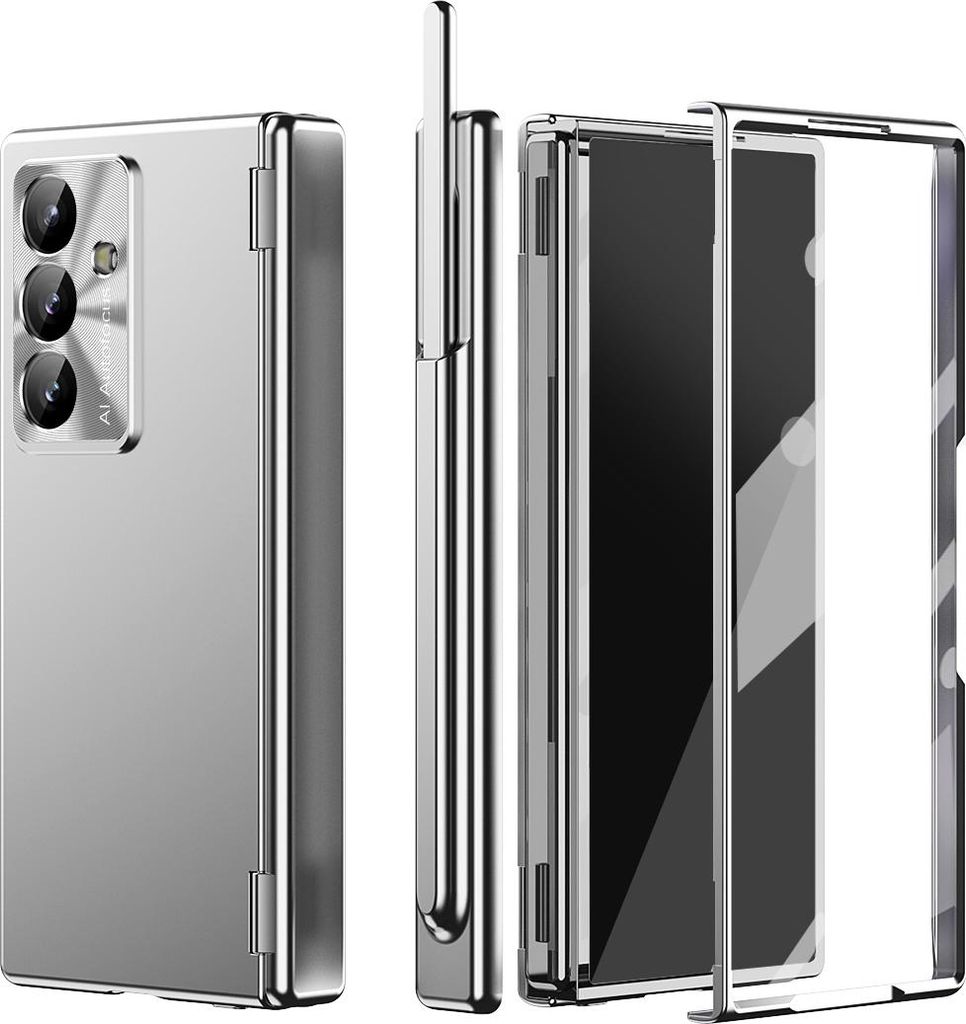 Hülle für Samsung Galaxy Z Fold 7 Magnet Scharnierschutz Stifthalter, Überzug Kratzfest Schutzhülle mit Linsenfolie, Displayschutz Silber