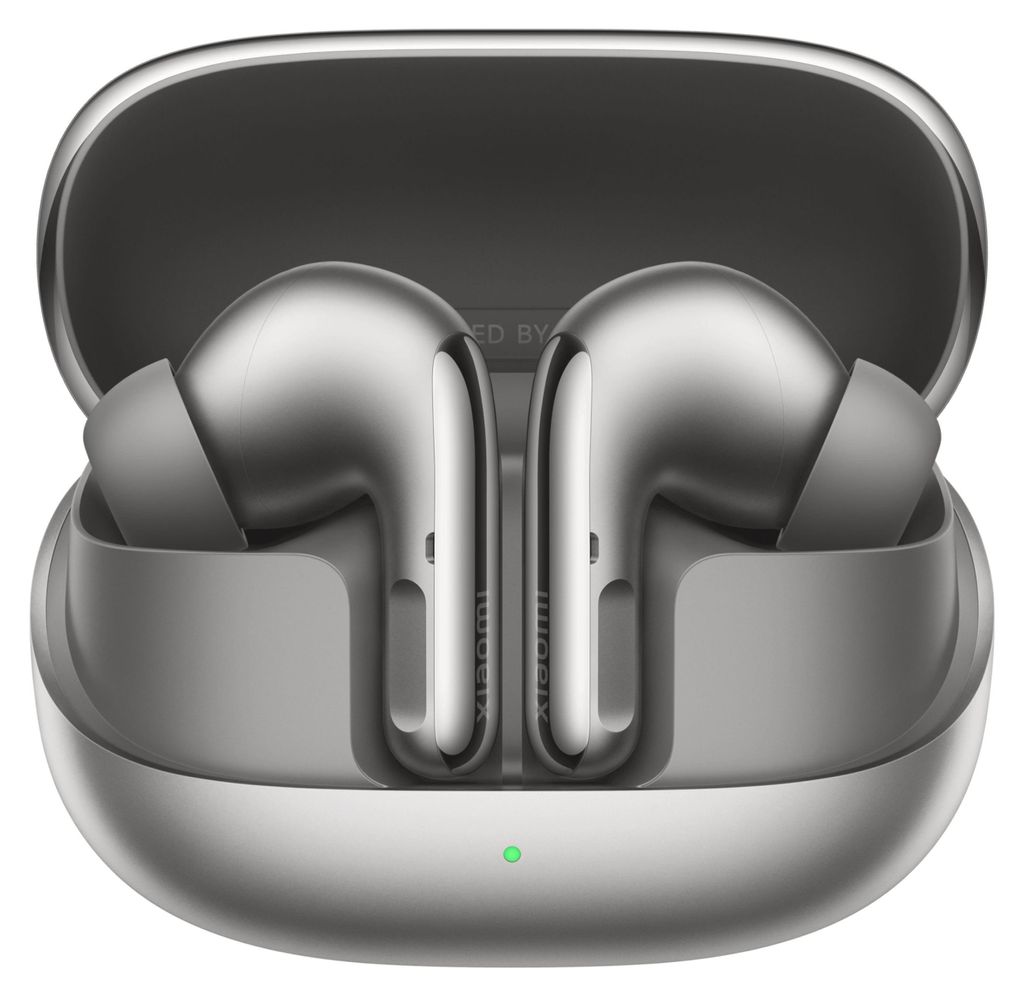 A pair of gray wireless earbuds in their charging case.