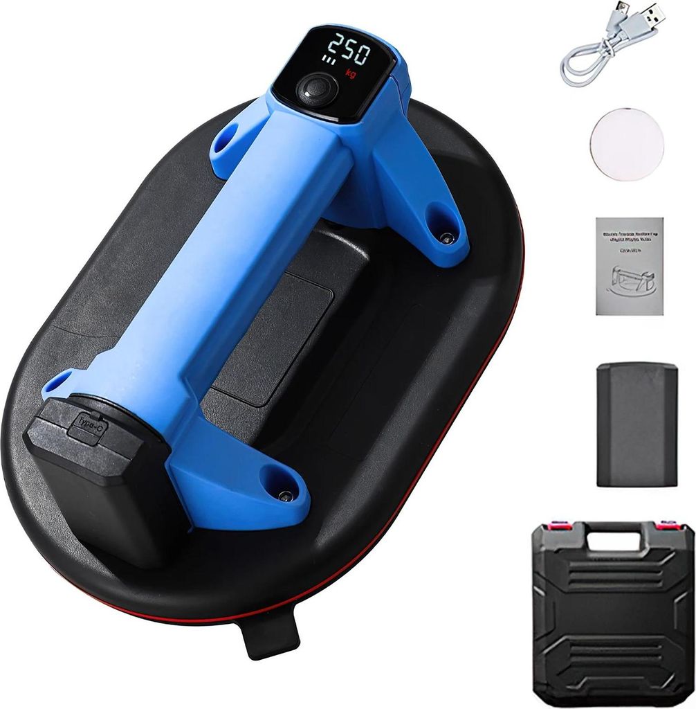 Elektrischer Vakuum-Saugnapf - Glas- & Fliesenheber - Tragkraft 250 kg - Digitalanzeige - Akku 2000 mAh (1 Stk.) - Für Glas & Fliesen - Braun