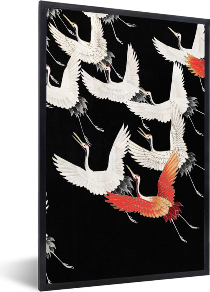 MuchoWow Gerahmtes Poster Skandinavisch - Kranich - Japan - Rot - Weiß 40x60 cm - Poster mit Schwarzem Bilderrahmen Wandposter Rahmen Foto Bilde...