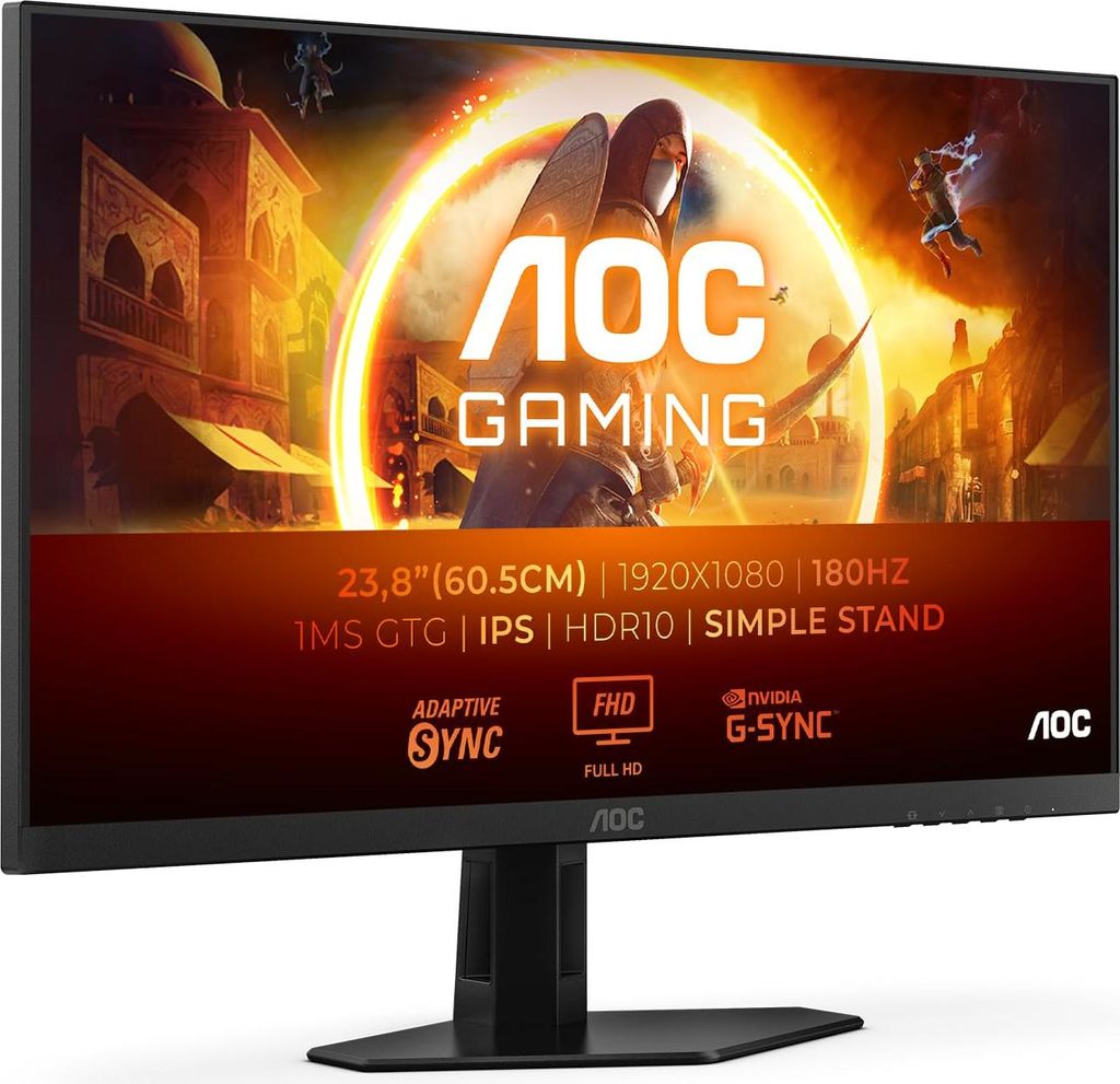 A marketing image of an AOC gaming monitor, displaying its specifications and features.