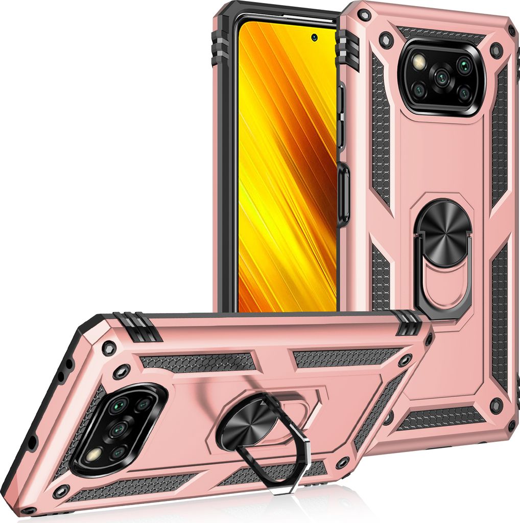 LaimTop Schutzhülle für Xiaomi Poco X3 Pro, Dual Layer Robust Militäre Fallschutz Hülle mit Ringhalterung Ständer Roségold