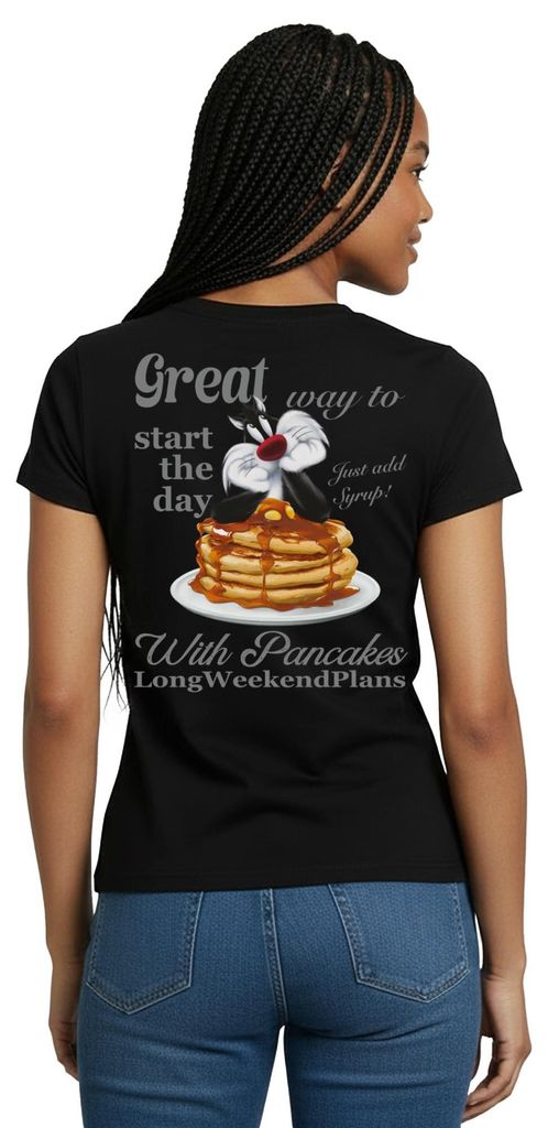 Spreadshirt Looney Tunes Pancakes Mit Spruch Und Sylvester Cat Frauen T-Shirt, S, Schwarz